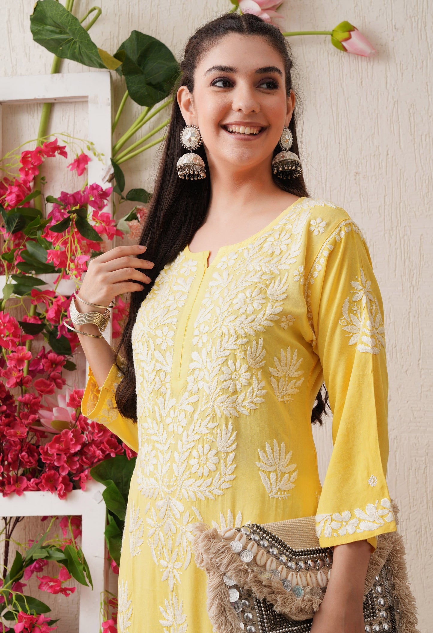 Yellow -Embroidered Rayon Chikankari Straight Kurta