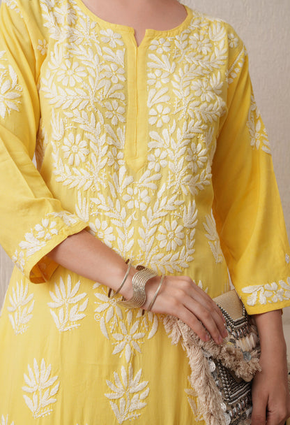 Yellow -Embroidered Rayon Chikankari Straight Kurta