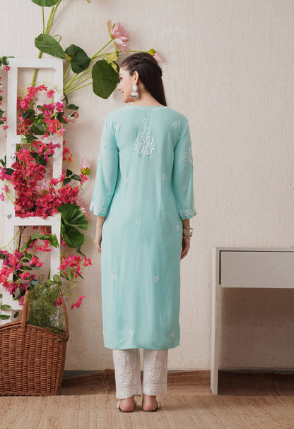 Bottle Green Hand-Embroidered Rayon Chikankari Straight Kurta