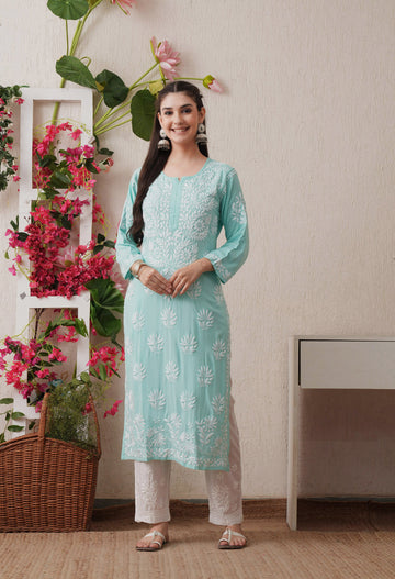 Bottle Green Hand-Embroidered Rayon Chikankari Straight Kurta
