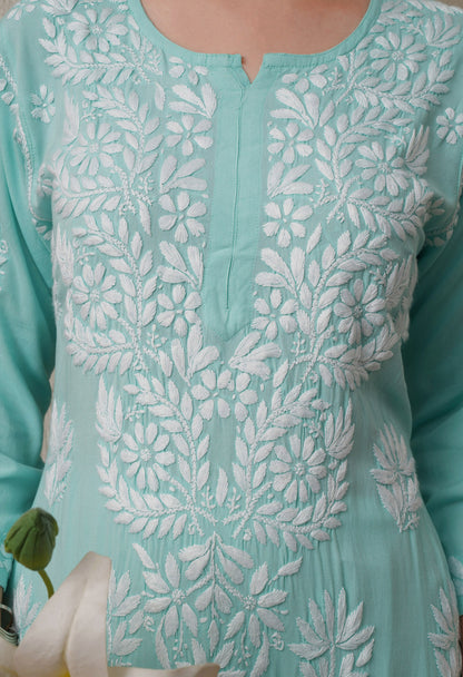 Bottle Green Hand-Embroidered Rayon Chikankari Straight Kurta