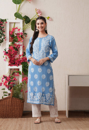 Sky Blue Hand-Embroidered Rayon Chikankari Straight Kurta