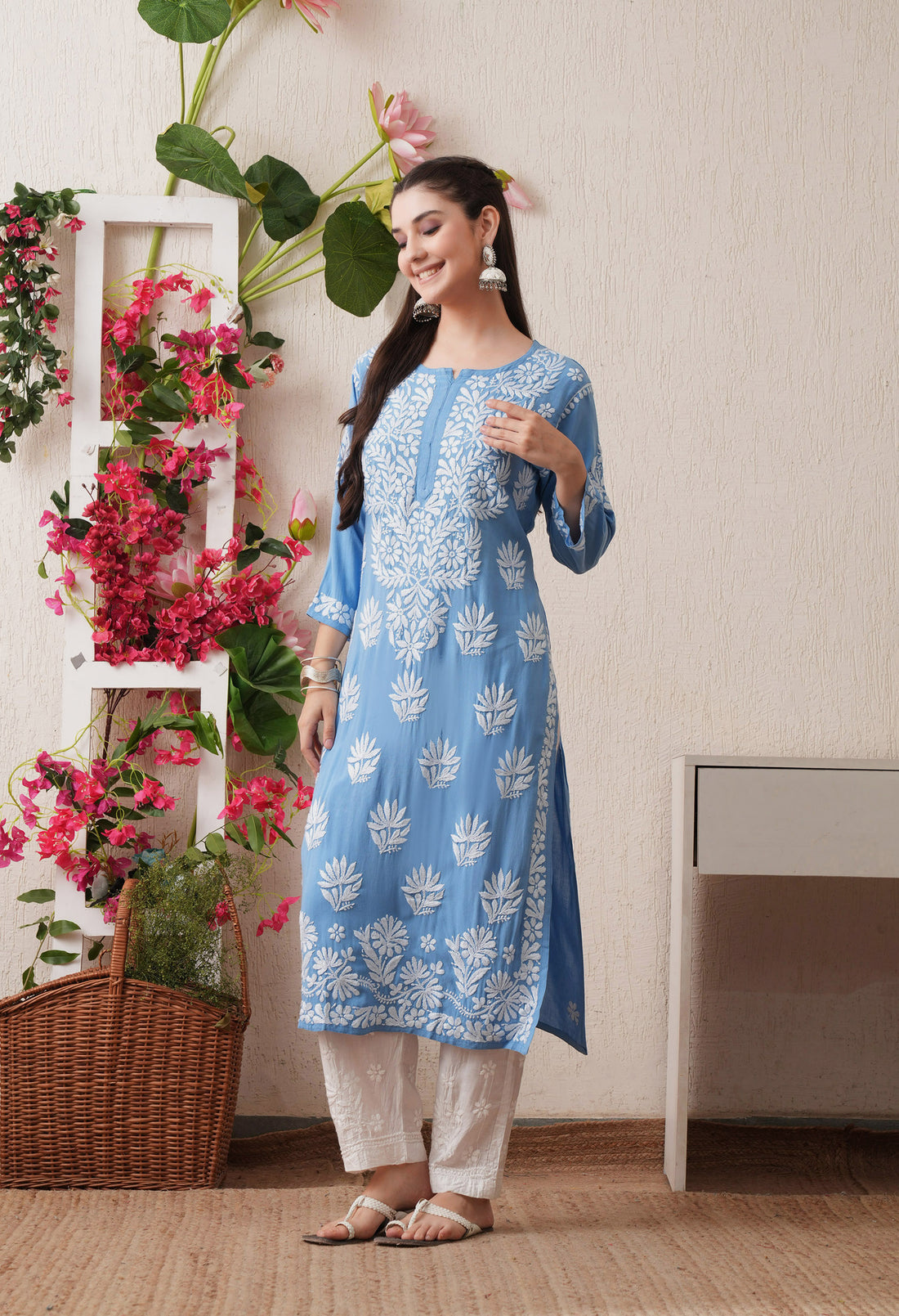 Sky Blue Hand-Embroidered Rayon Chikankari Straight Kurta