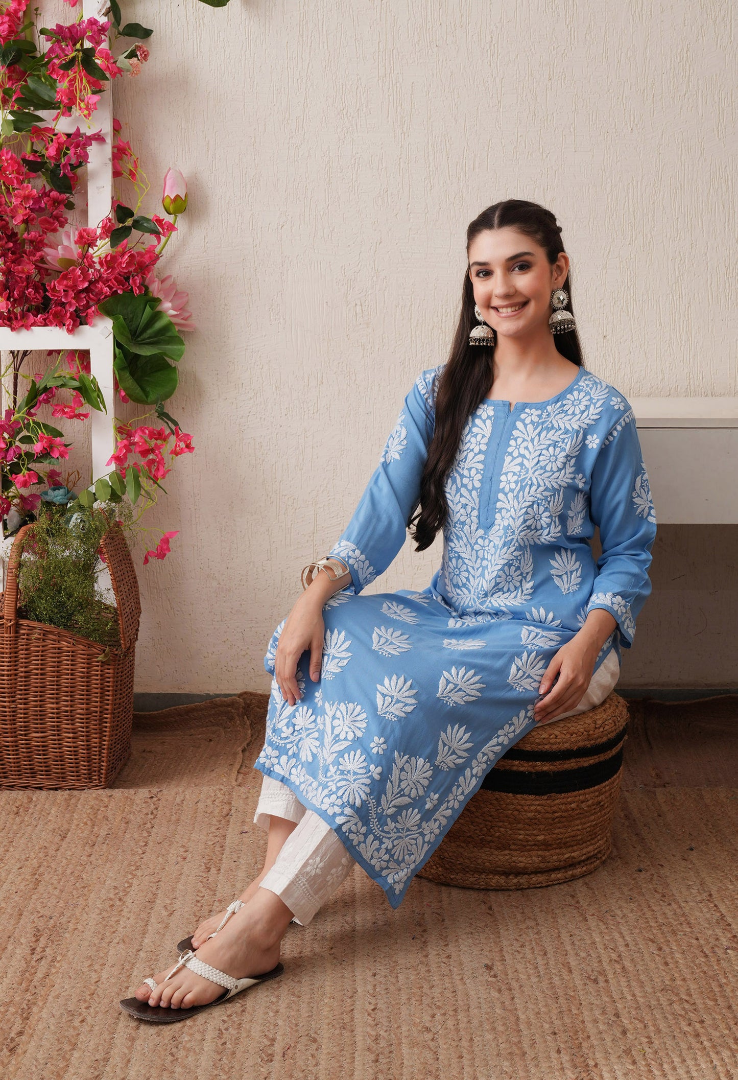 Sky Blue Hand-Embroidered Rayon Chikankari Straight Kurta