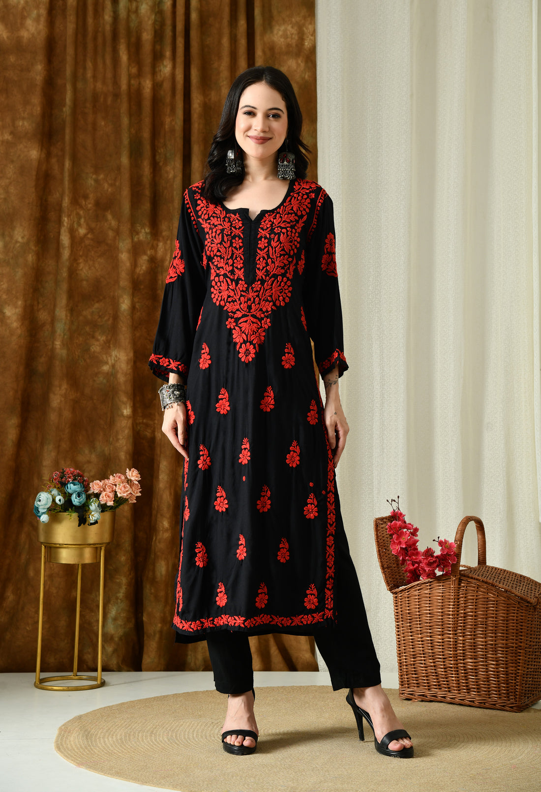 Black Kurta with Intricate Chikankari Work - Red