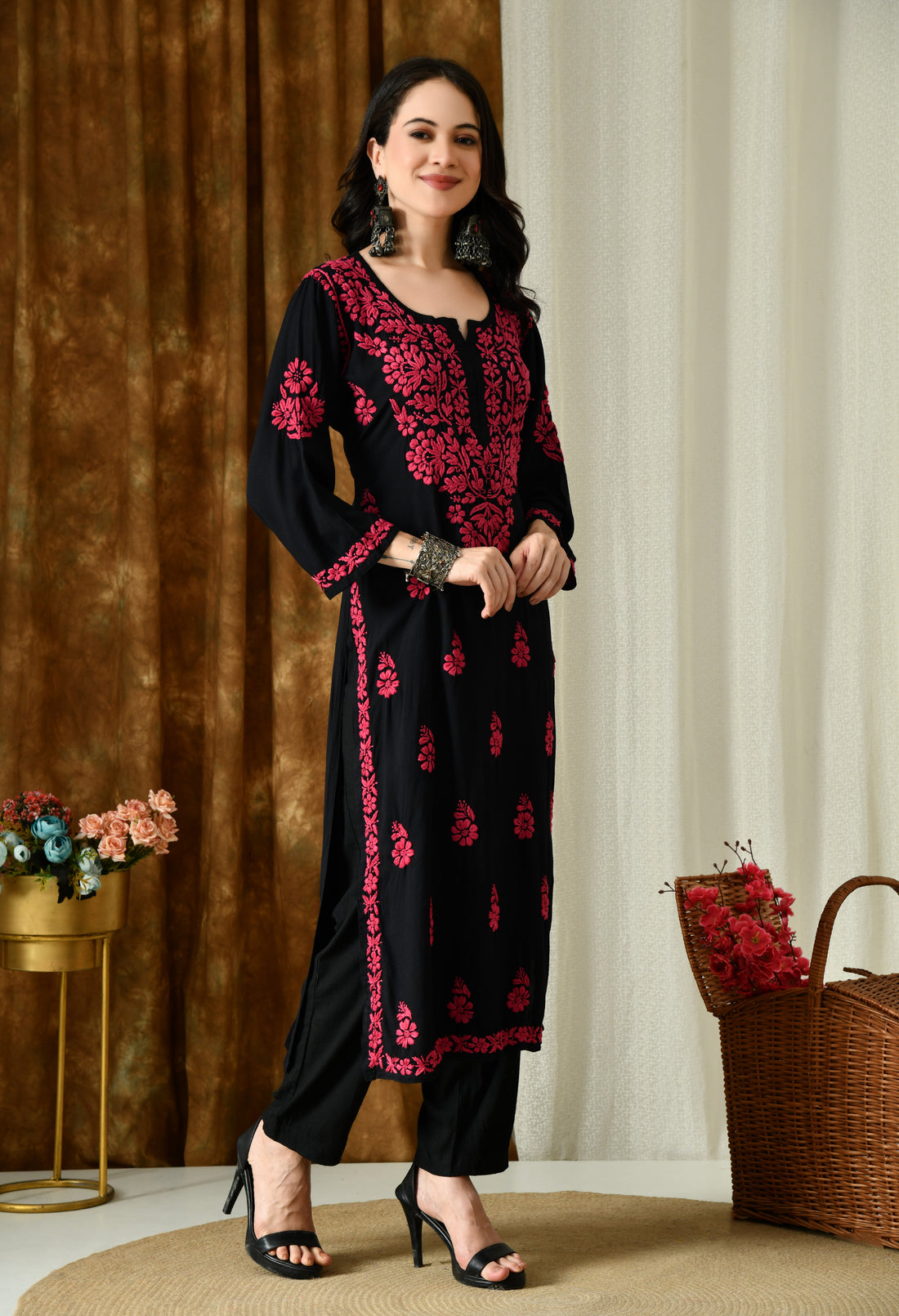Black Kurta with Intricate Chikankari Work - Pink