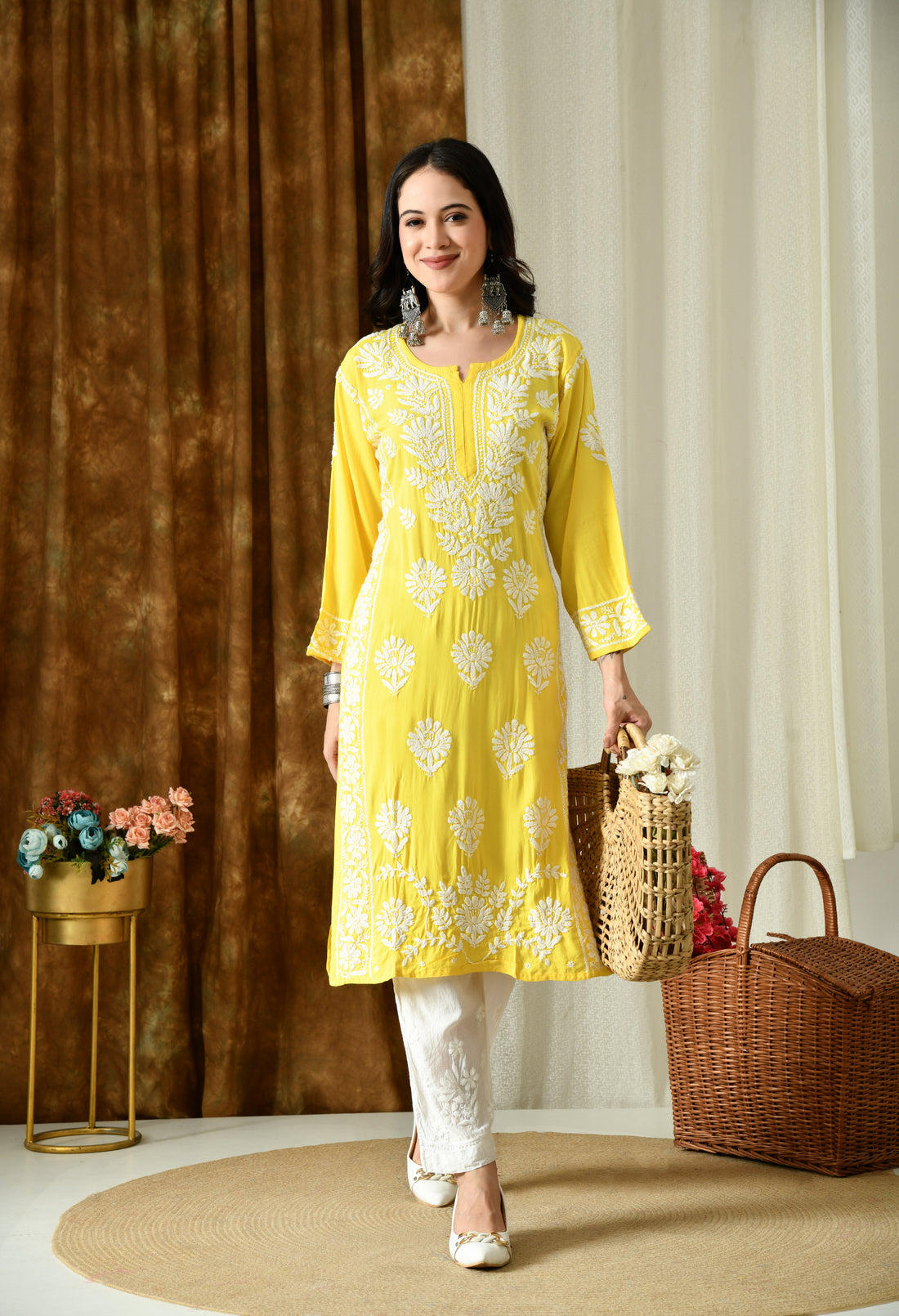 Sunshine Yellow Modal Hand-Embroidered Chikankari Kurta with Elegant White Floral Design