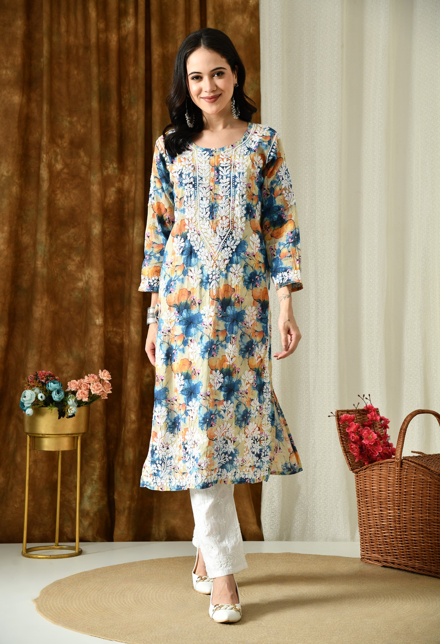 Multi color Mulmul Pure Cotton Lucknow Chikankari Kurta -Teal & Orange