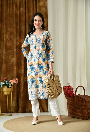 Multi color Mulmul Pure Cotton Lucknow Chikankari Kurta -Teal & Orange