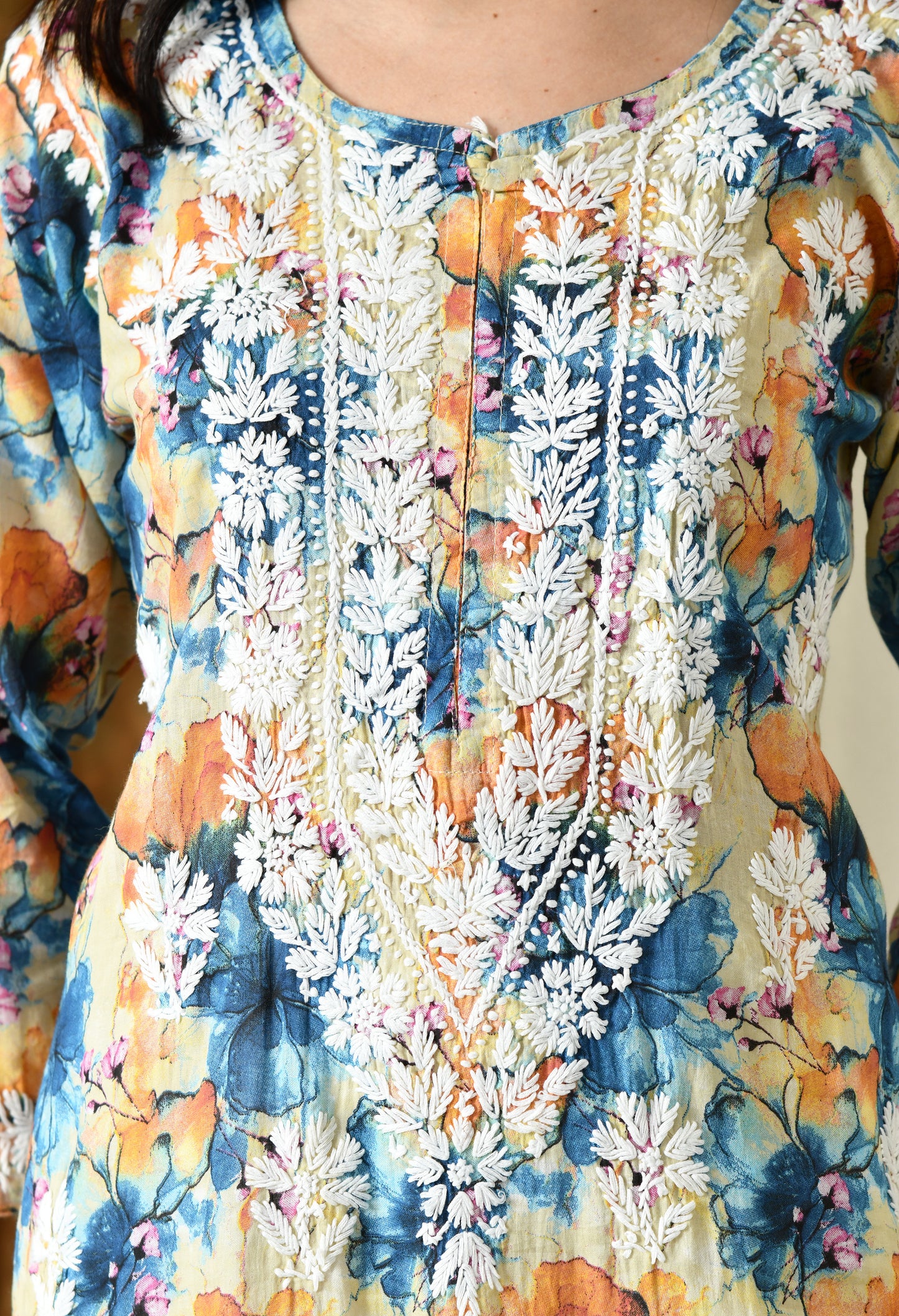 Multi color Mulmul Pure Cotton Lucknow Chikankari Kurta -Teal & Orange