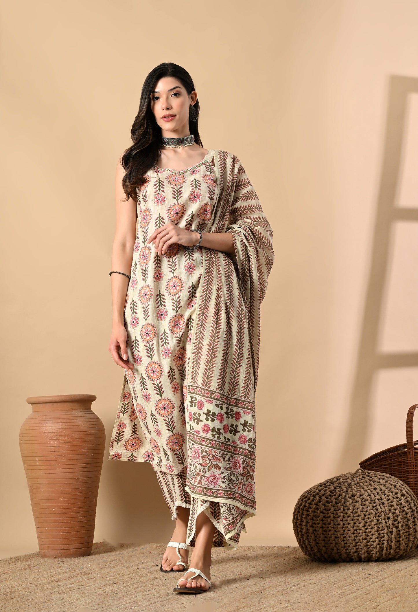 Noodle Strap 3PC Cotton Set with Fish Cut Palazzo and Sitara Work
