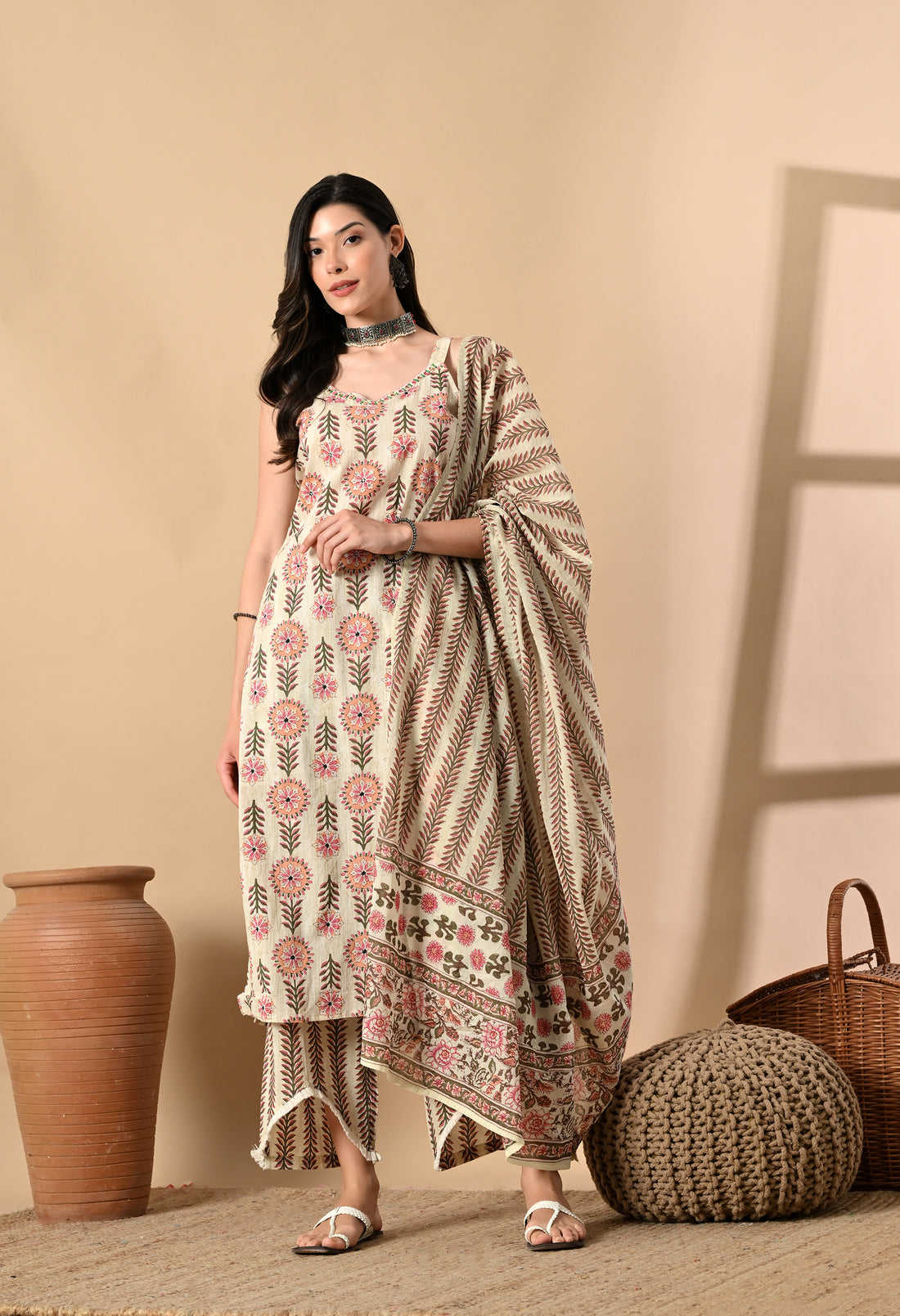Noodle Strap 3PC Cotton Set with Fish Cut Palazzo and Sitara Work