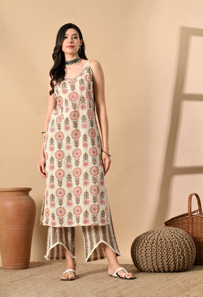 Noodle Strap 3PC Cotton Set with Fish Cut Palazzo and Sitara Work