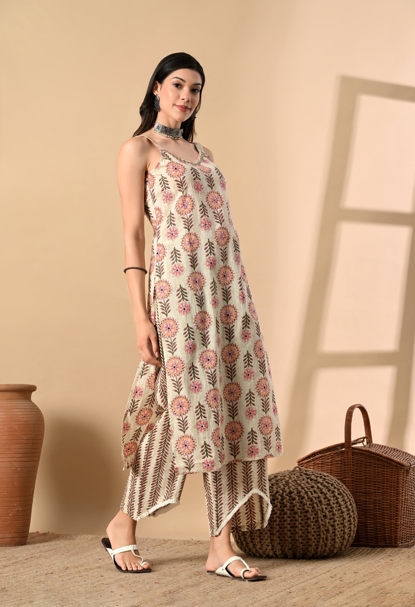 Noodle Strap 3PC Cotton Set with Fish Cut Palazzo and Sitara Work