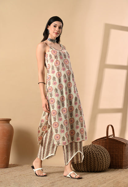 Noodle Strap 3PC Cotton Set with Fish Cut Palazzo and Sitara Work