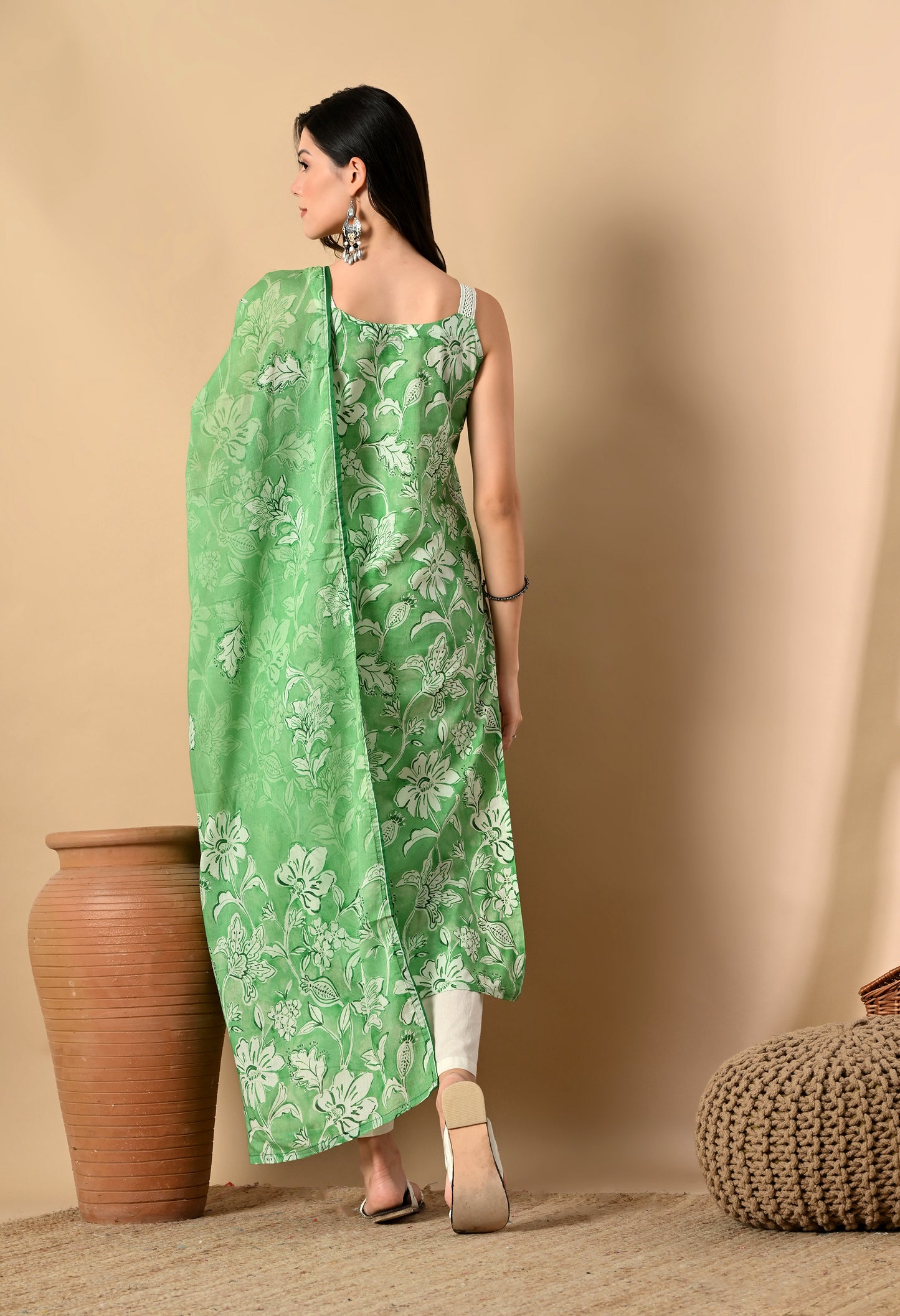 Noodle Strap 3PC Cotton Set with Fish Cut Palazzo and Sitara Work