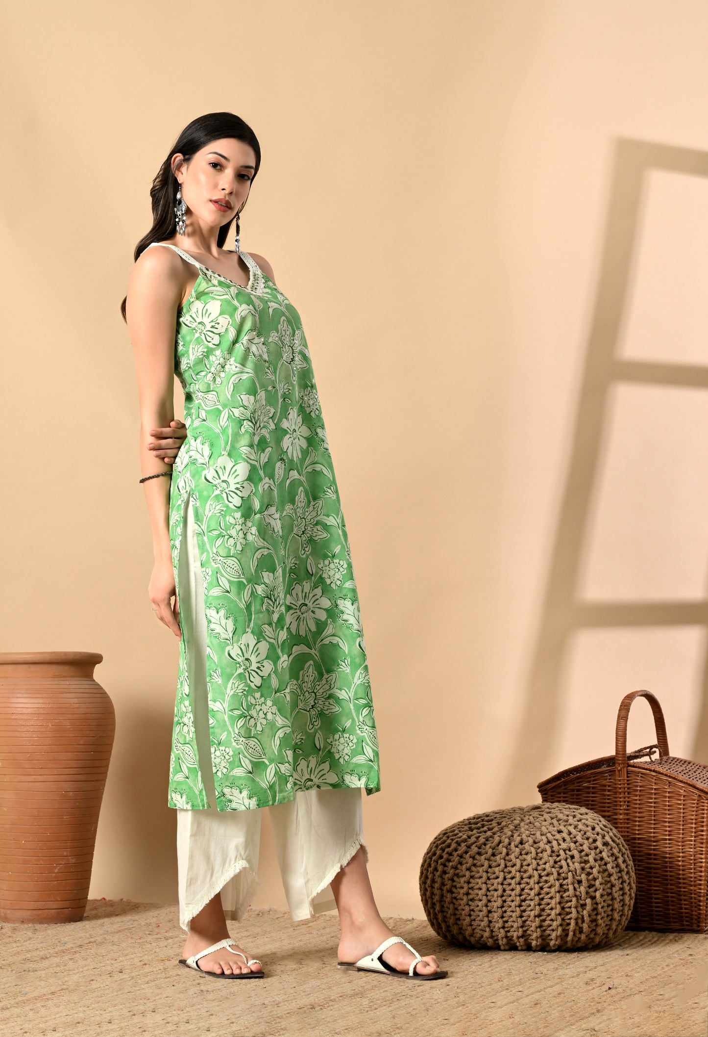 Noodle Strap 3PC Cotton Set with Fish Cut Palazzo and Sitara Work
