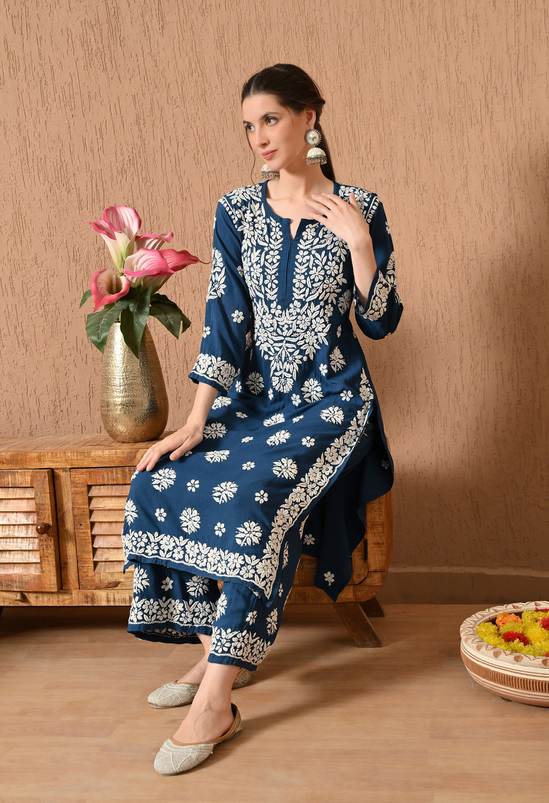 Hand Embroidered Chikankari Rayon Plazo Set - Teal