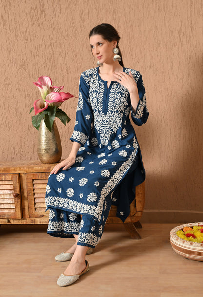Hand Embroidered Chikankari Rayon Plazo Set - Teal