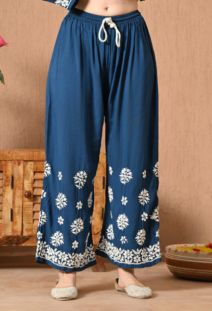 Hand Embroidered Chikankari Rayon Plazo Set - Teal