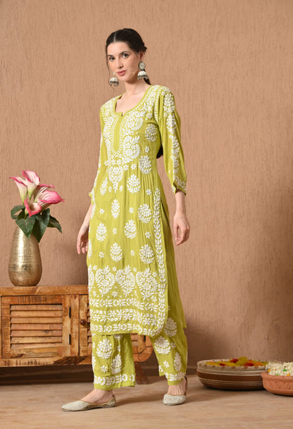Hand Embroidered Chikankari Modal Plazo Set with 3D Floral Work-Sea Green