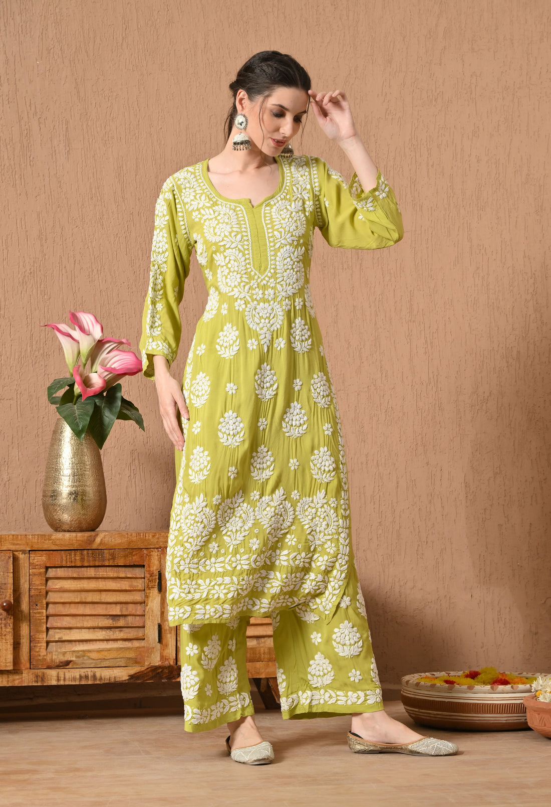 Hand Embroidered Chikankari Modal Plazo Set with 3D Floral Work-Sea Green