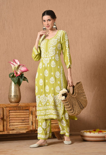 Hand Embroidered Chikankari Modal Plazo Set with 3D Floral Work-Sea Green