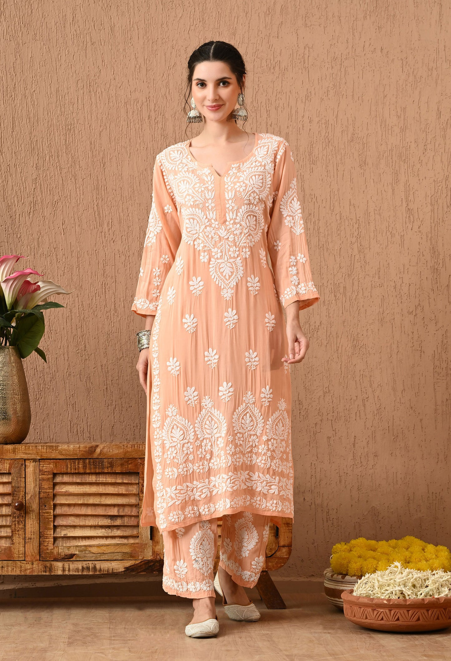 Pure Chikankari Hand Embroidered (3D) Work on Modal Fabric - Peach