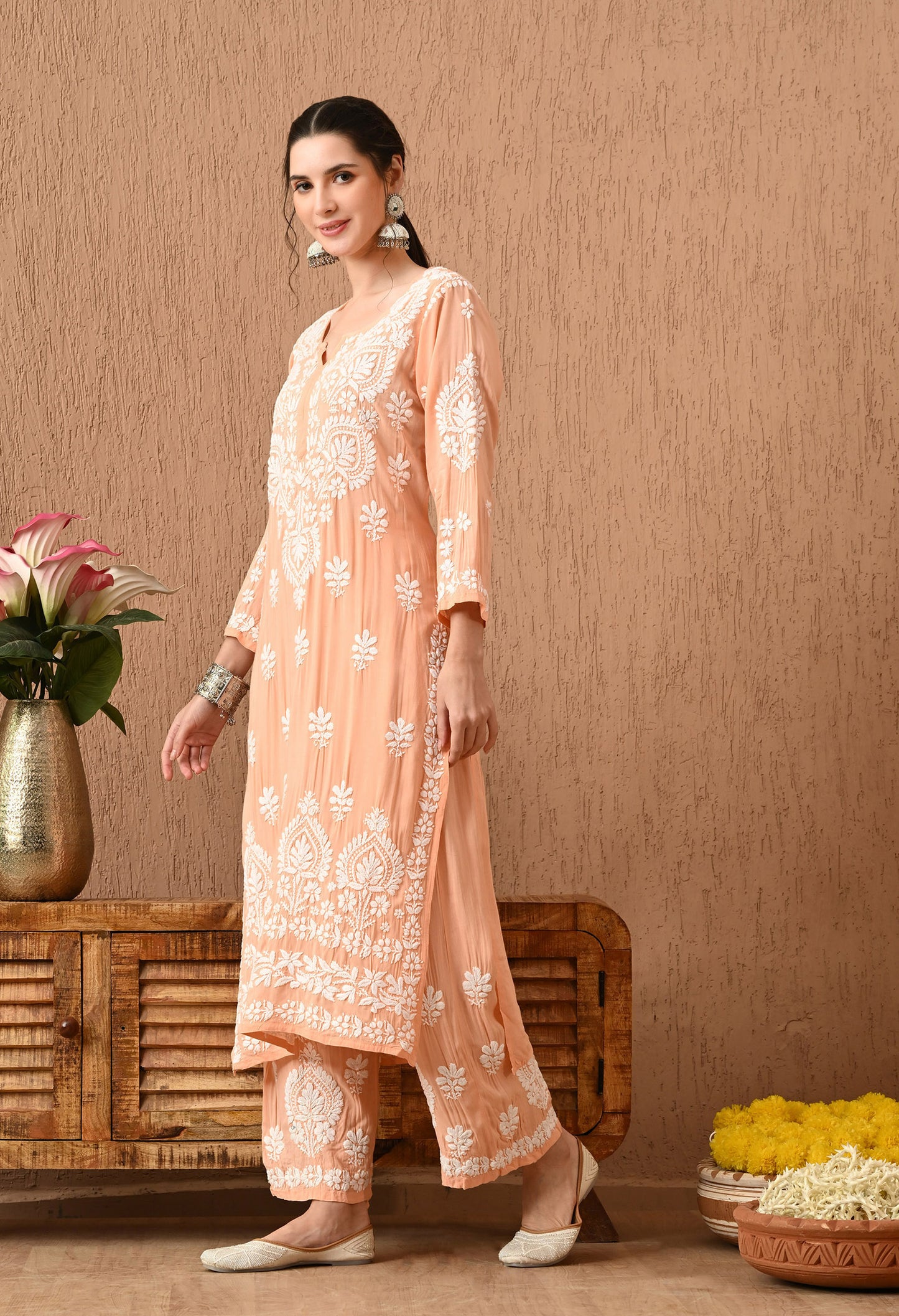 Pure Chikankari Hand Embroidered (3D) Work on Modal Fabric - Peach