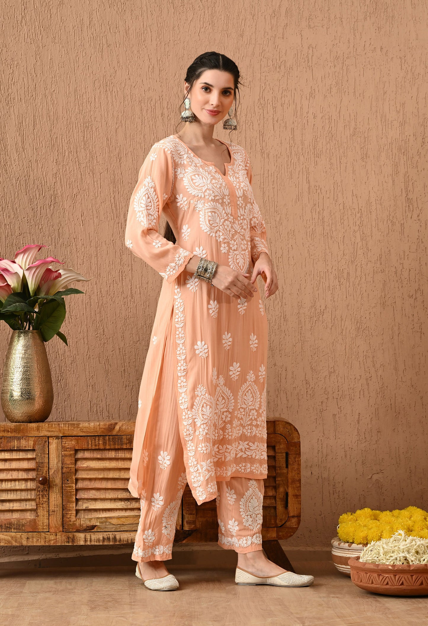 Pure Chikankari Hand Embroidered (3D) Work on Modal Fabric - Peach