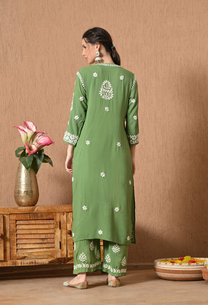 Premium Rayon Chikankari Plazo Set with Hand Embroidery & 3D Work - Green