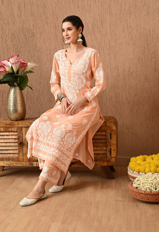 Pure Chikankari (3D) Work on Modal Fabric - Peach