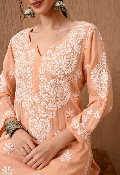 Pure Chikankari Hand Embroidered (3D) Work on Modal Fabric - Peach