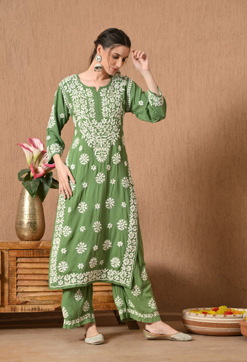 Premium Rayon Chikankari Plazo Set with Hand Embroidery & 3D Work - Green