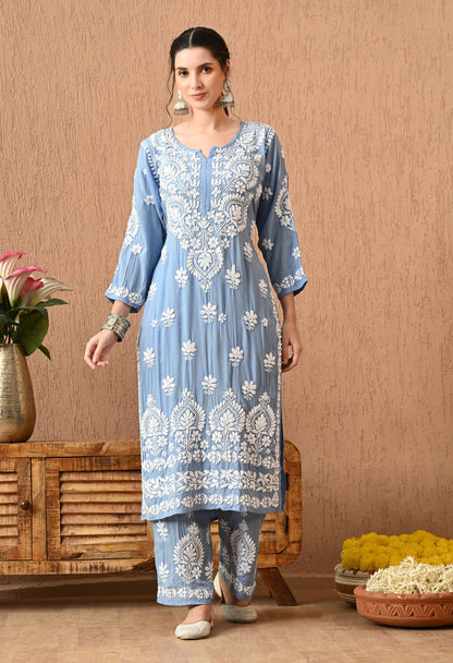 Chikankari (3D) Work on Modal Fabric-Powder Blue