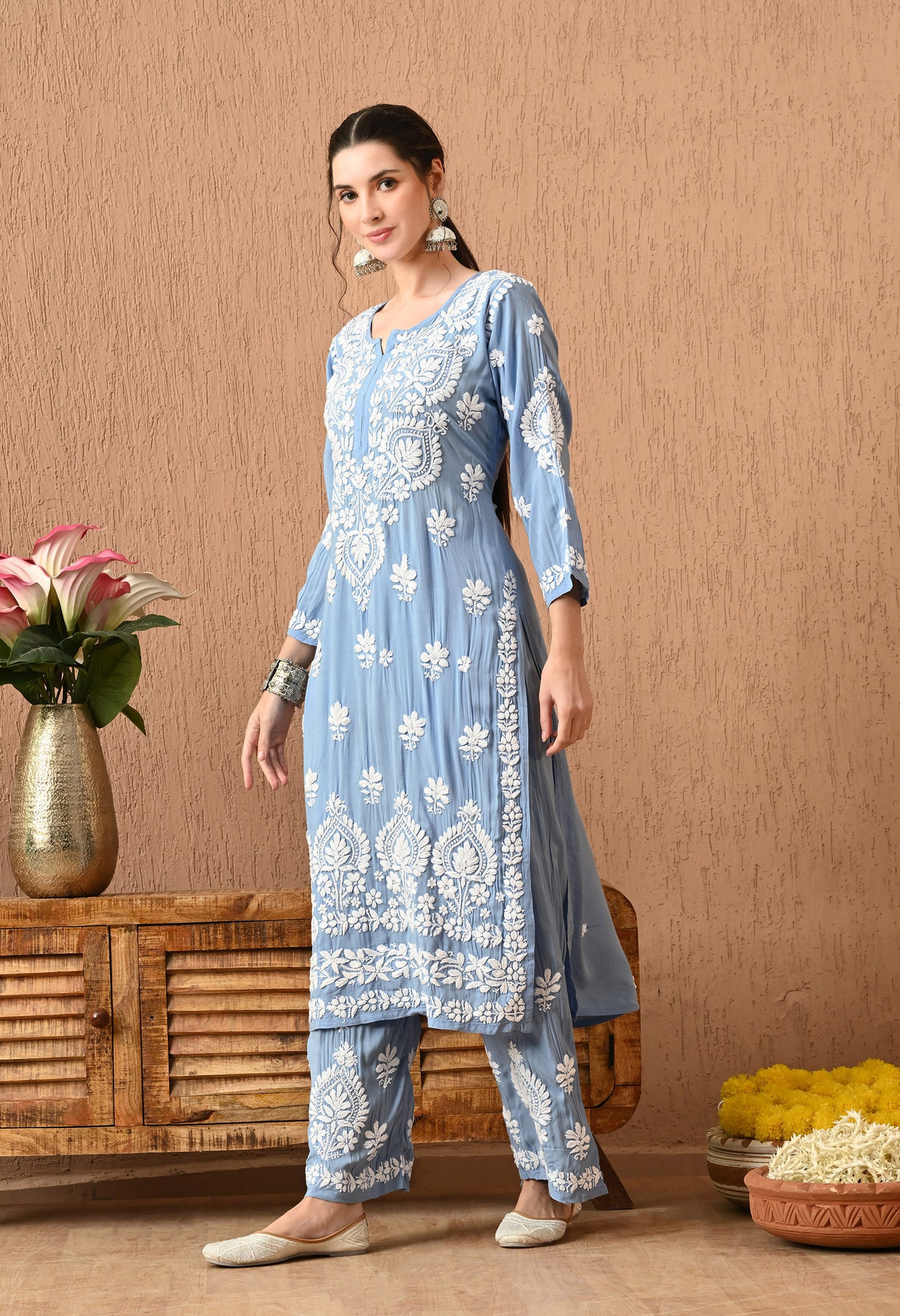 Chikankari (3D) Work on Modal Fabric-Powder Blue