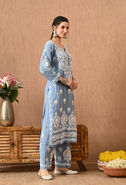 Chikankari (3D) Work on Modal Fabric-Powder Blue