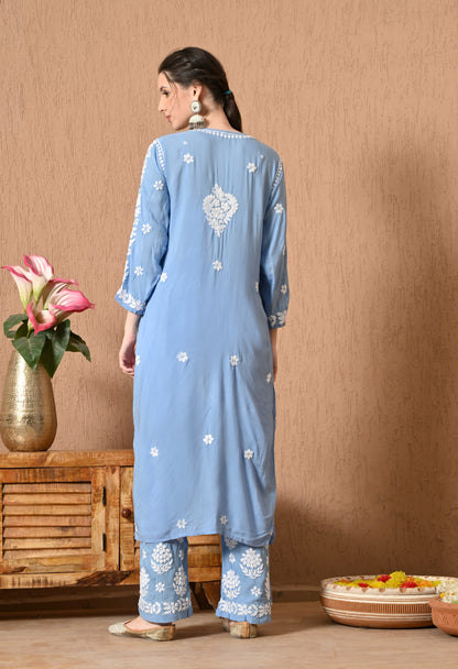 Hand Embroidered Chikankari Modal Plazo Set with 3D Work – Ethnic Wear Powder Blue