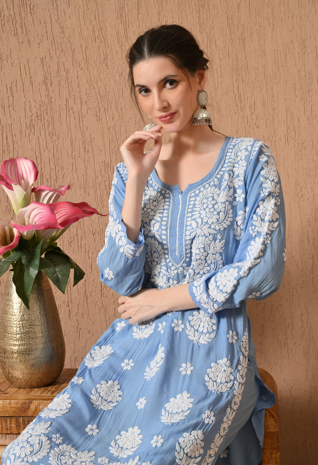 Hand Embroidered Chikankari Modal Plazo Set with 3D Work – Ethnic Wear Powder Blue