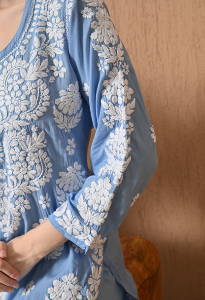 Hand Embroidered Chikankari Modal Plazo Set with 3D Work – Ethnic Wear Powder Blue