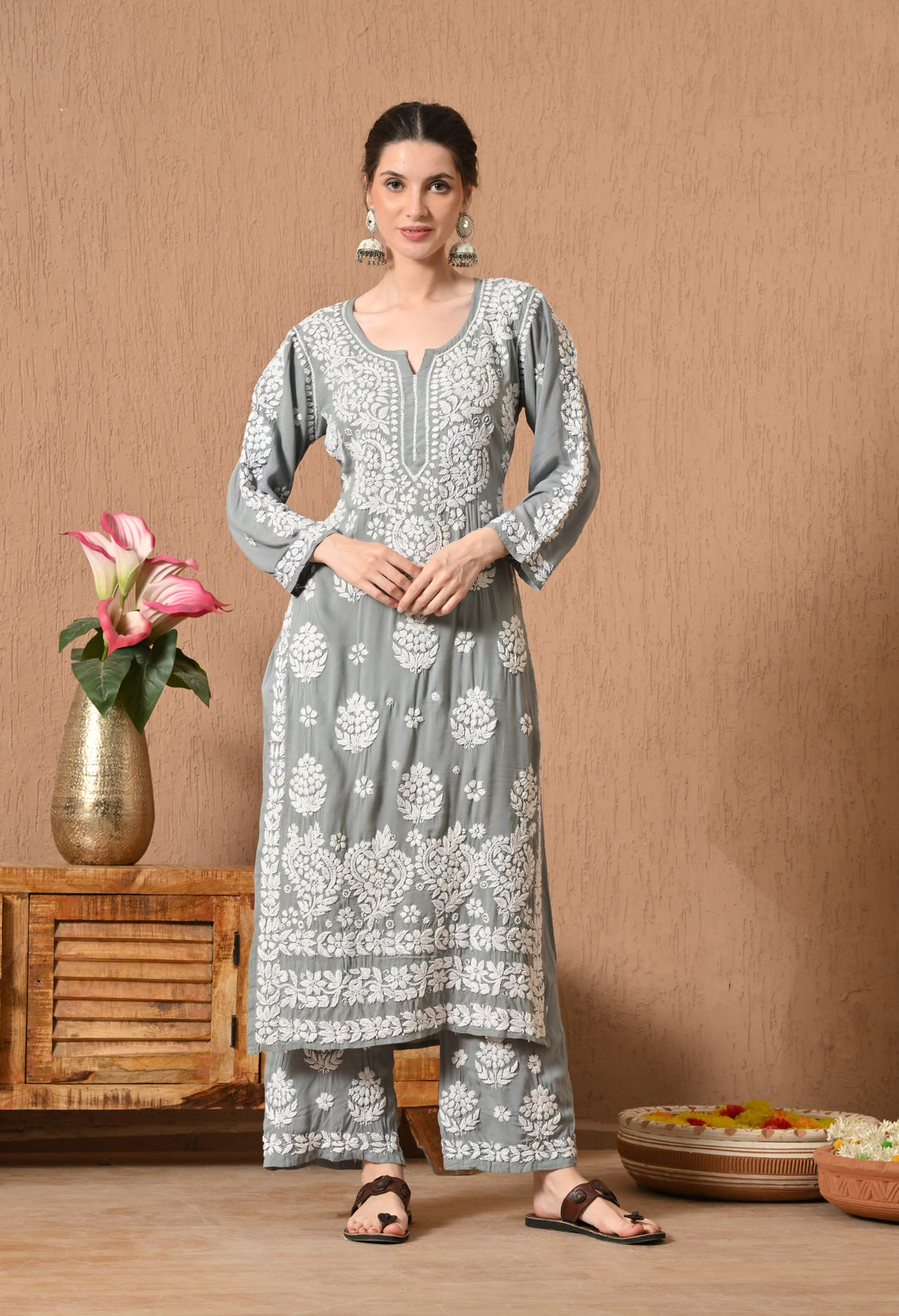 Hand Embroidered Chikankari Modal Plazo Set with 3D Floral Work – Ethnic Wear for Women