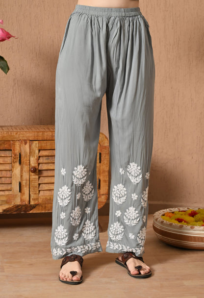 Hand Embroidered Chikankari Modal Plazo Set with 3D Floral Work – Ethnic Wear for Women