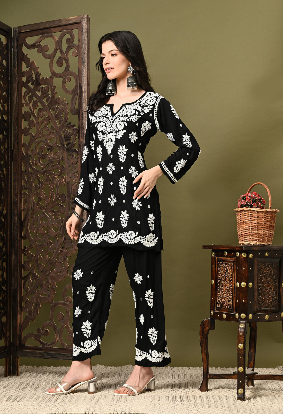 Chikankari Cord Set in Modal Fabric - Black
