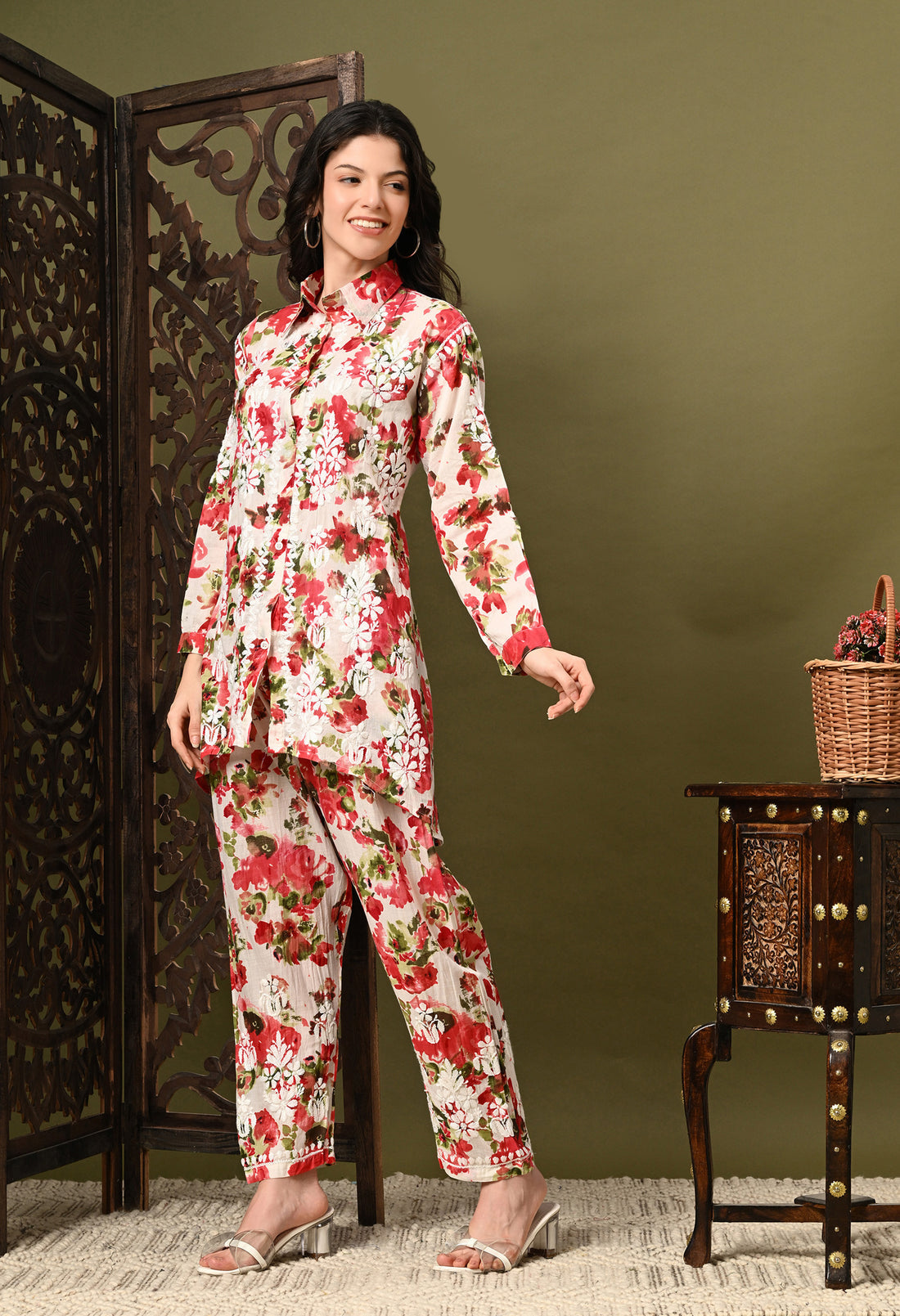 Chikankari Cord Set in Mulmul Set - Floral Print Red