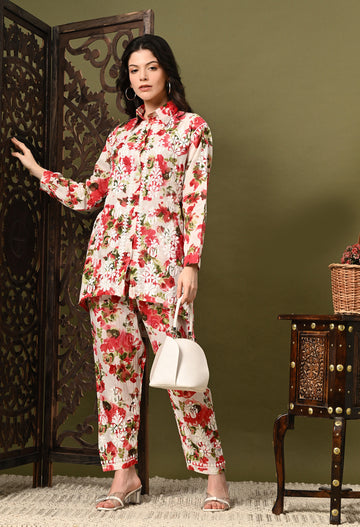 Chikankari Cord Set in Mulmul Set - Floral Print Red