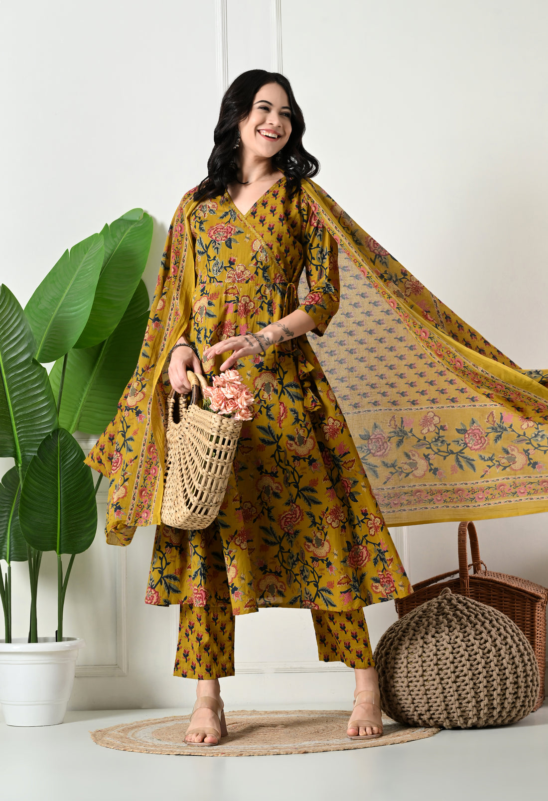 Angrakha Style Anarkali 12-Kali Kurta Set with Dupatta | Handcrafted with Elegant Badla Work