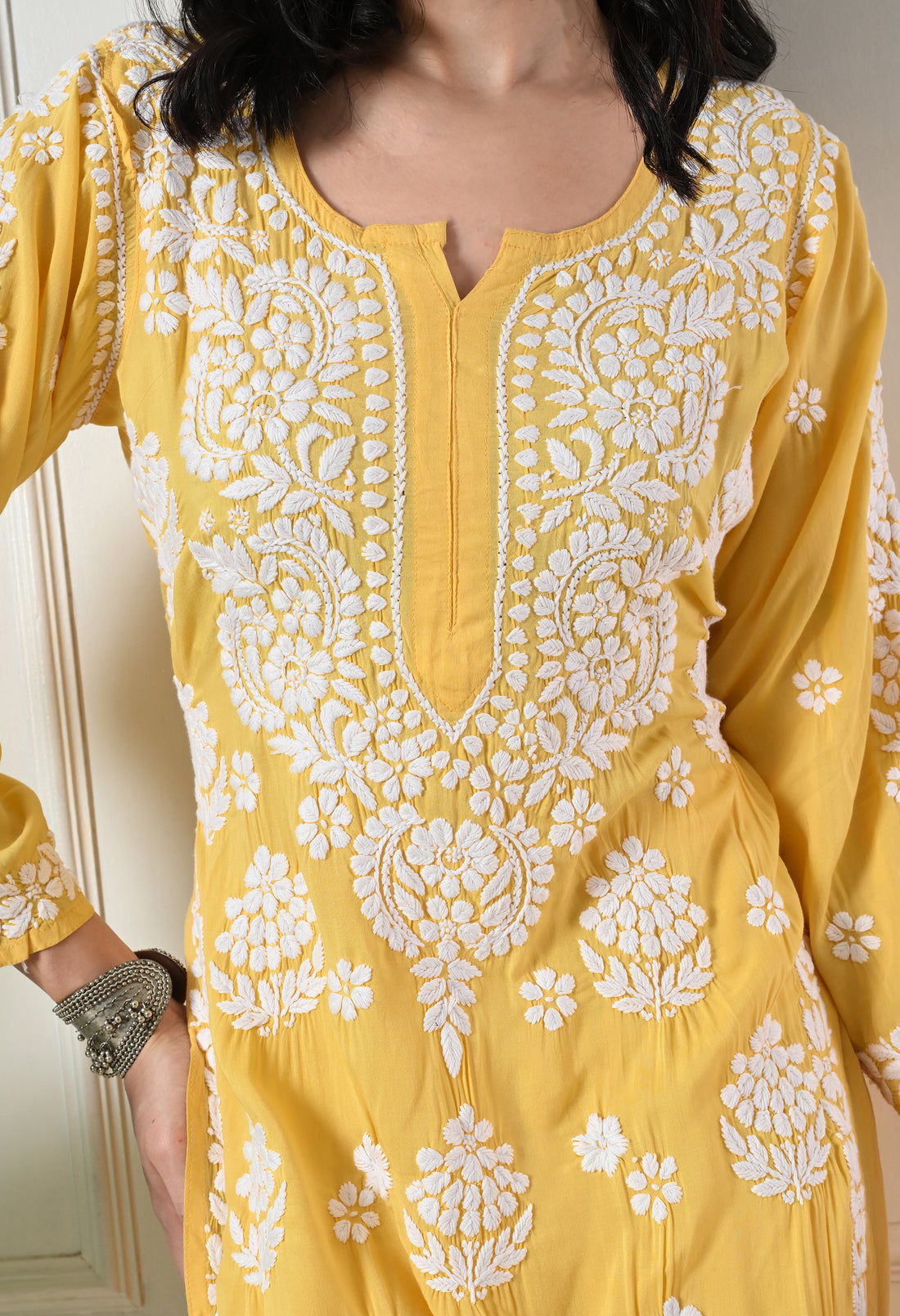Hand Embroidered Chikankari Modal Plazo Set 3d Work-Yellow