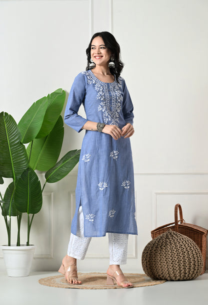 "Hand Embroidered Chikankari & Cut Dana Work Denim Cotton Kurta Set with Tie-Dye Dupatta "