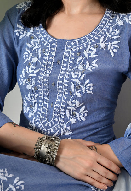 "Hand Embroidered Chikankari & Cut Dana Work Denim Cotton Kurta Set with Tie-Dye Dupatta "