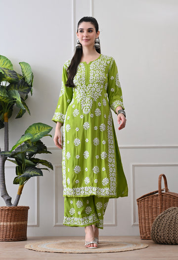 Hand Embroidered Chikankari Plazo Set 3d Work- Parrot Green
